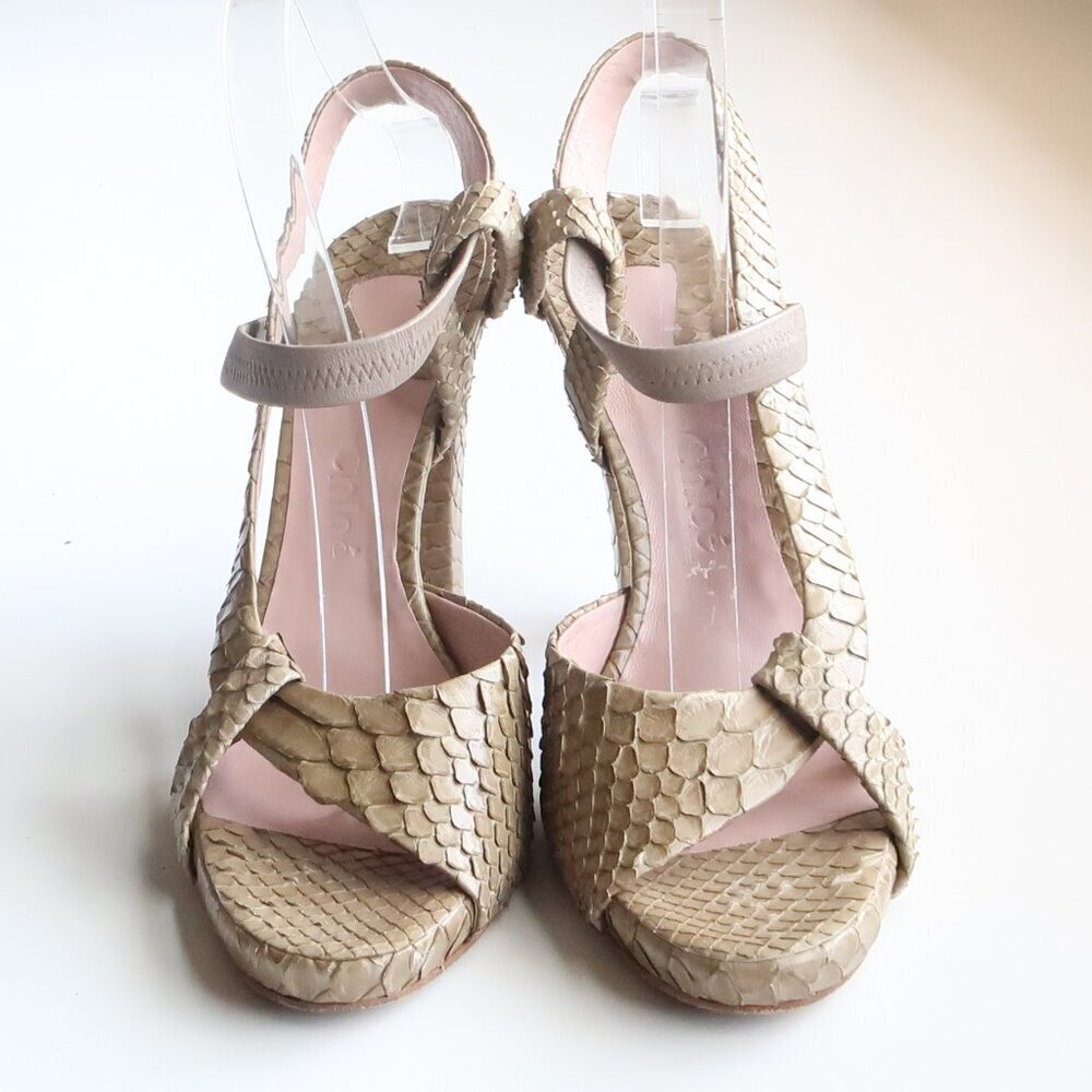 Chloe Sage Green Snakeskin Leather Open Toe Sandals Luxury Designer Summer Shoes - Picture 6 of 16